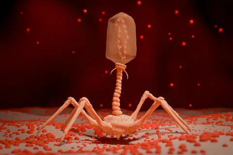 3D Rendering of Bacteriophage Virus on Bacterial Cell Foto stock