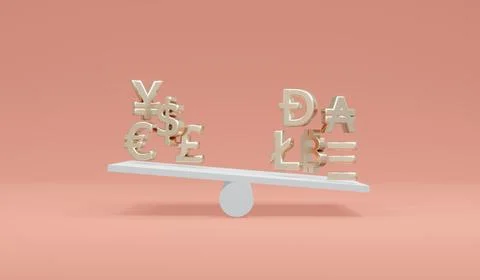 3D Rendering balance with cryptocurrency heavier than fiat currency symbols.. Stock Illustration