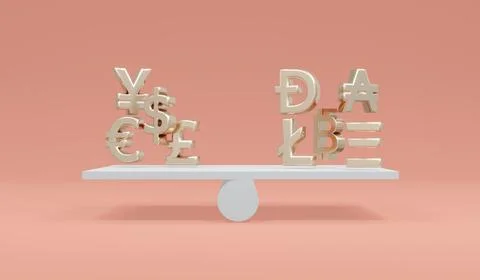3D Rendering balance with cryptocurrency symbols and fiat currency symbols .. Stock Illustration
