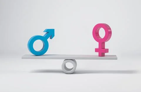 A 3D rendering of balancing gender symbols on white background - gender equal Stock Illustration