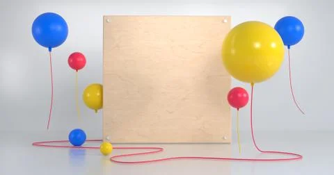 3d rendering of balloon and wood square. Stock Illustration