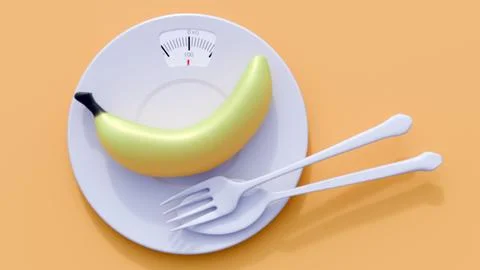 A 3d rendering of banana onto a scale-integrated dinner plate. Illustrazione stock
