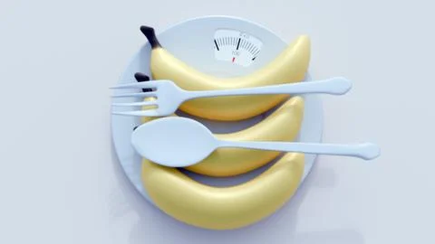 A 3d rendering of banana onto a scale-integrated dinner plate. Illustrazione stock