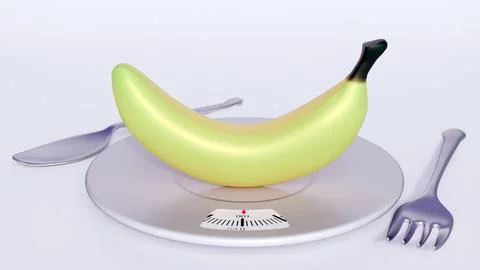 A 3d rendering of banana onto a scale-integrated dinner plate. Illustrazione stock
