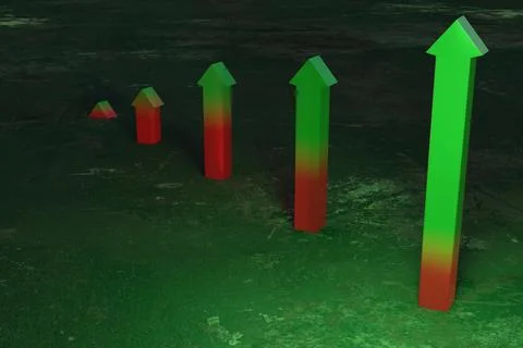 3d rendering of bar graph with arrows showing potential for growth. Stock Illustration