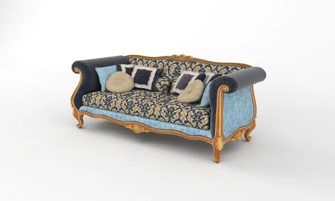 A 3D rendering of a baroque style sofa in light beige and blue colors isolate Illustrazione stock
