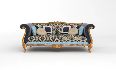 A 3D rendering of a baroque style sofa in light beige and blue colors isolate Illustrazione stock