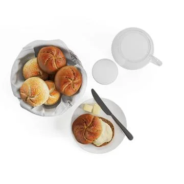 3D rendering of a basket of bread and a sandwich with butter on a white backgrou Foto stock