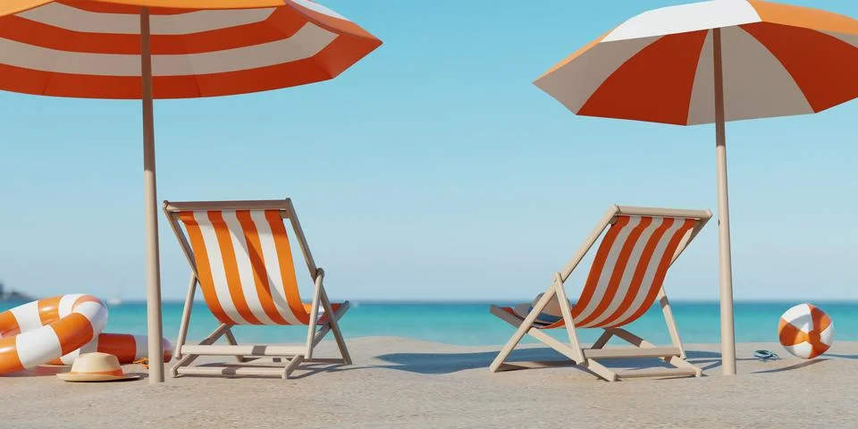 3d rendering. Beautiful beach. Chairs on the sandy beach near the sea. Summ.. Stock Photos