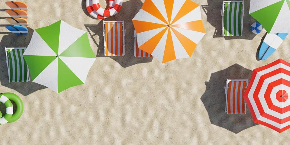 3d rendering. Beautiful beach. Chairs on the sandy beach near the sea. Summ.. Stock Photos