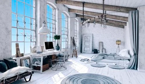 3d rendering of beautiful clean interior, industrial design Stock Illustration