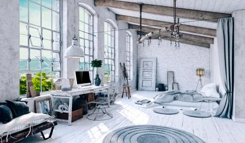 3d rendering of beautiful clean interior, industrial design Stock Illustration