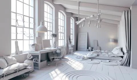 3d rendering of beautiful clean interior, industrial design Stock Illustration