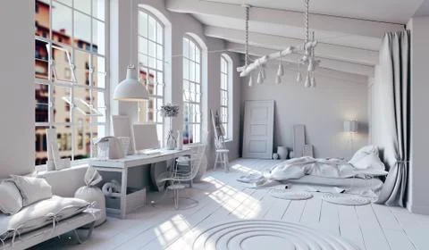 3d rendering of beautiful clean interior, industrial design Stock Illustration