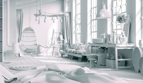 3d rendering of beautiful clean interior, industrial design Stock Illustration