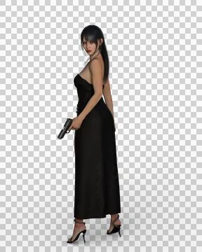 3D rendering beautiful dark haired assassin woman standing in sexy dress with Stock Illustration