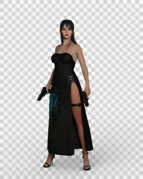 3D rendering of a beautiful dark haired assassin woman standing Stock Illustration