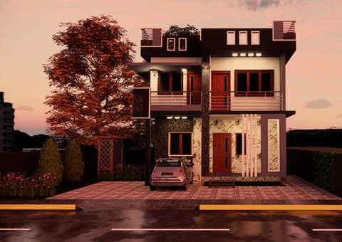 3D rendering of a beautiful duplex house with a car parked on the driveway イラスト素材