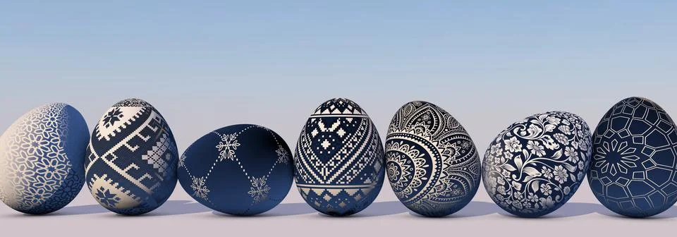 3D rendering Beautiful Easter card with Easter eggs in a row. Stock Illustration