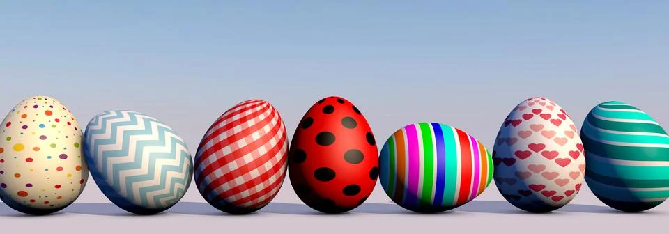 3D rendering Beautiful Easter card with colorful Easter eggs in a row. Stock Illustration