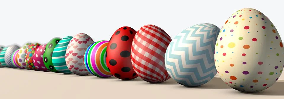 3D rendering Beautiful Easter card with colorful Easter eggs in a row. Stock Illustration