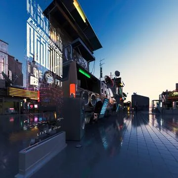 3D rendering of beautiful elements of a futuristic city during the sunset Stock Illustration