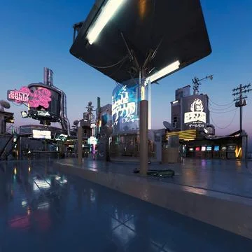 3D rendering of beautiful elements of a futuristic city during the sunset Stock Illustration