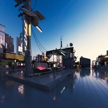 3D rendering of beautiful elements of a futuristic city during the sunset Stock Illustration