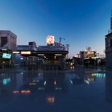 3D rendering of beautiful elements of a futuristic city during the sunset Illustrazione stock