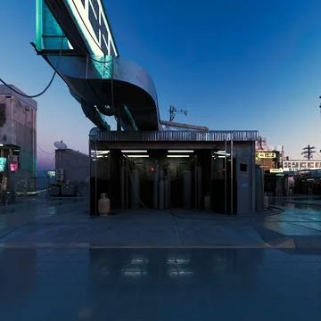 3D rendering of beautiful elements of a futuristic city during the sunset Stock Illustration