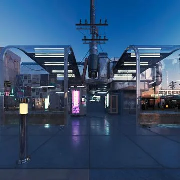 3D rendering of beautiful elements of a futuristic city during the sunset Stock Illustration