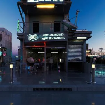 3D rendering of beautiful elements of a futuristic city during the sunset Stock Illustration