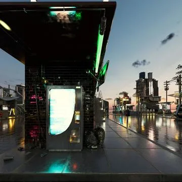 3D rendering of beautiful elements of a futuristic city during the sunset Stock Illustration