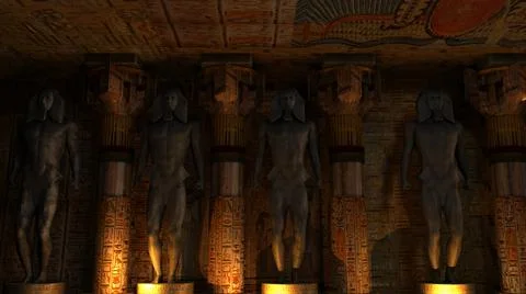 3D rendering of beautiful four pharaohs statues inside a historical temple Stock Illustration