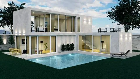 3D rendering of a beautiful modern house with swimming pool and night light Stock Illustration