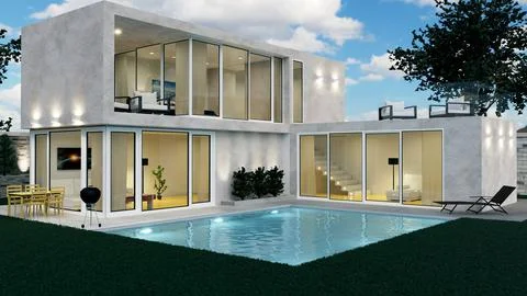 3D rendering of a beautiful modern house with swimming pool and night light Illustrazione stock