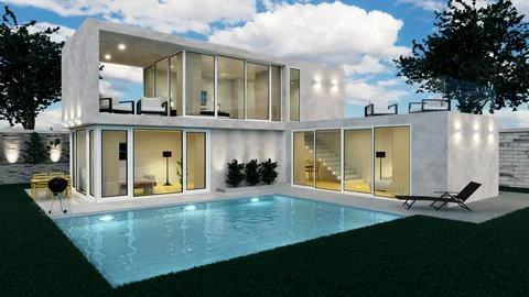 3D rendering of a beautiful modern house with swimming pool and night light Illustrazione stock
