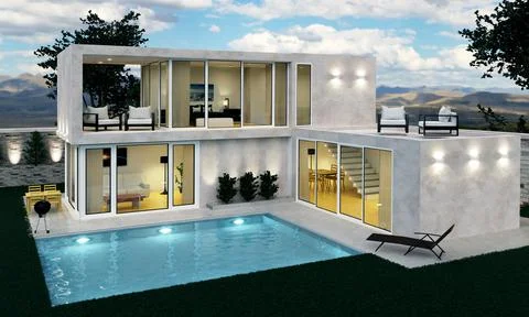 3D rendering of a beautiful modern house with swimming pool and night light Stock Illustration