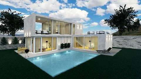 3D rendering of a beautiful modern house with swimming pool and night light Illustrazione stock