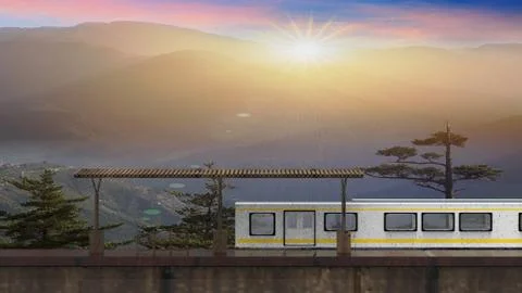 3d rendering of beautiful small train station with train beside it イラスト素材