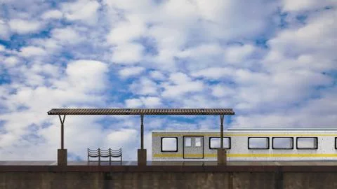 3d rendering of beautiful small train station with train beside it イラスト素材