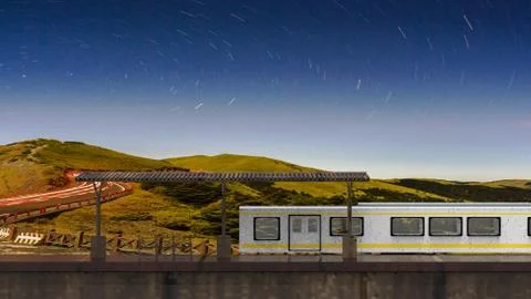 3d rendering of beautiful small train station with train beside it イラスト素材