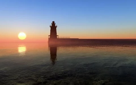 3D rendering of the beautiful sunset view over the sea and a tower and bridge Stock Illustration