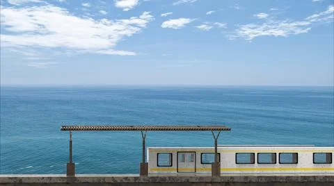 3d rendering of beautiful train station with nice beach sky Stock Illustration