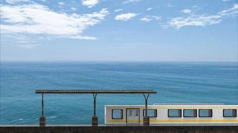 3d rendering of beautiful train station with nice beach sky Stock Illustration