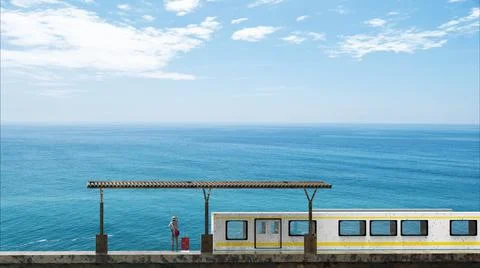 3d rendering of beautiful train station with nice beach sky Stock Illustration
