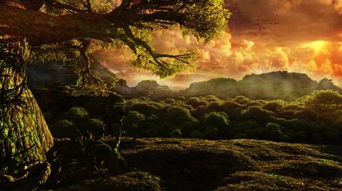 3D rendering beautiful view of a park, huge tree and grass under a cloudy sky Ilustración de archivo