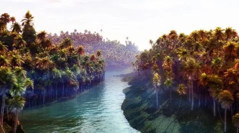 3D rendering beautiful view of a river in village, trees under a gray sky Stock Illustration
