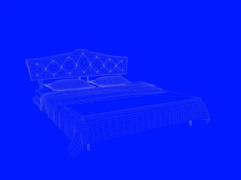 3d rendering of a bed blueprint as lines on a blue background Stock Illustration