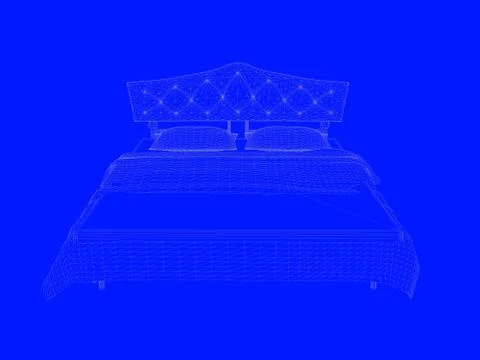 3d rendering of a bed blueprint as lines on a blue background Stock Illustration